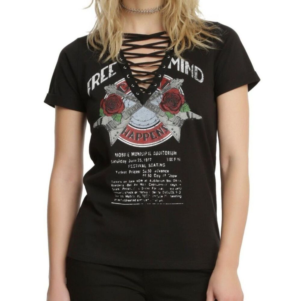 Hot Topic "Free Mind" Black Lace-Up Rock Art Top Roses & Guitars Junior Plus XXL